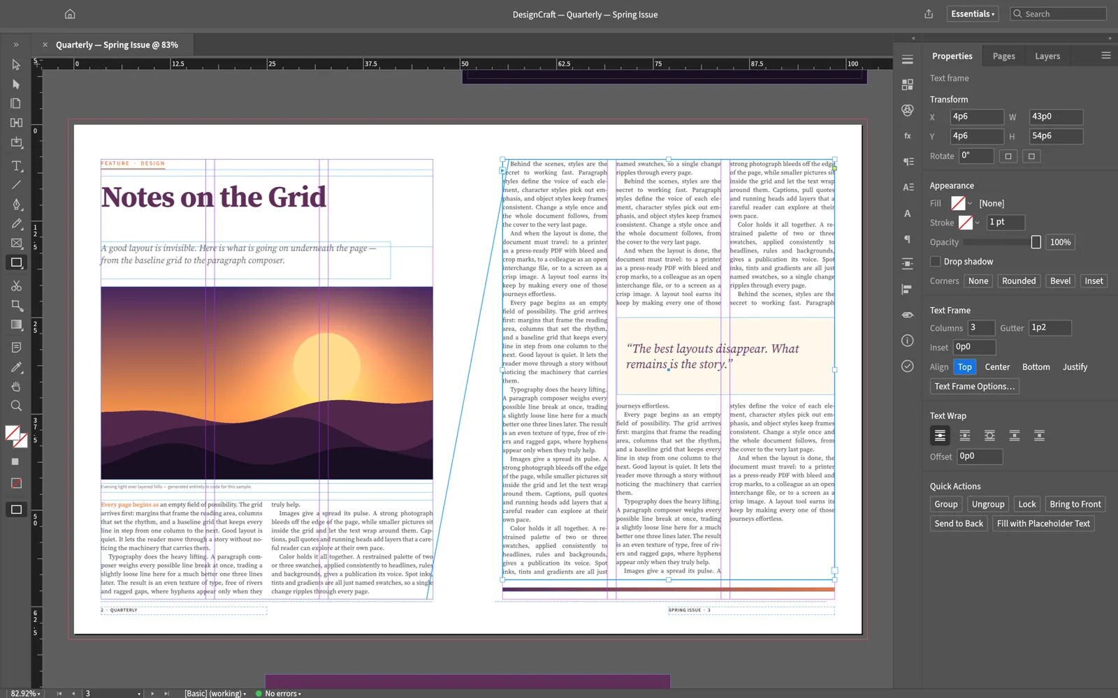 DesignCraft, a free online page-layout and desktop-publishing app, showing a magazine spread with a threaded three-column story selected